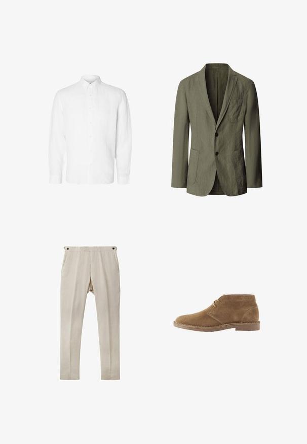 Blazer verde oliva de un solo botonadura con solapas con muescas, dos botones, bolsillo en el pecho y dos bolsillos frontales de parche, hecho de tela texturizada.; Camisa blanca de manga larga hecha de lino, con cuello abotonado, botones en el frente y un ajuste relajado con puños rectos.; Pantalones de lino beige con corte recto, que cuentan con dos bolsillos laterales y detalles de botones negros en la cintura. Textura suave y ligera.; Zapato casual marrón de ante hasta el tobillo con dos ojales para cordones y suela cosida sobre fondo blanco, vista lateral.