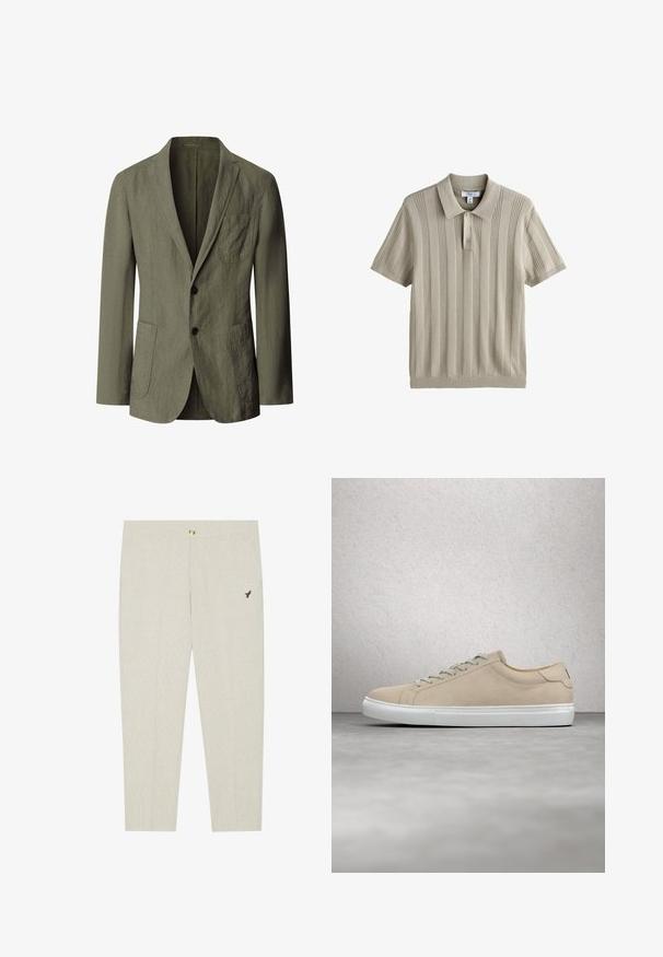 Blazer vert olive à simple boutonnage avec revers crantés, deux boutons, une poche poitrine et deux poches plaquées à l'avant, en tissu texturé.; Polo en maille beige à manches courtes avec texture côtelée verticale et trois boutons au col, taille moyenne.; Pantalons ajustés beige clair avec une texture subtile, dotés d'une fermeture à bouton et d'un emblème sombre brodé près de la poche.; Baskets en suède beige avec un bout arrondi, semelle en caoutchouc blanche et lacets assortis. Design minimaliste avec des détails de coutures discrètes.