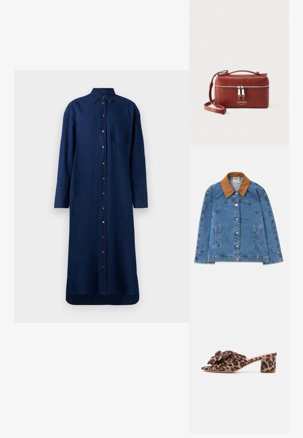 Kankaan takki ruskealla mokka kauluksella, jossa on sivutaskut, napit edessä ja hieman löysä leikkaus. Vaaleansininen denim-textuuri.; Pitkähihainen farkkumekko tummansinisenä. Mallissa napillinen edusta, kärjestä terävä kaulus ja rintatasku. Sileä pinta ja suoravartinen leikkaus.; Mule-kengät leopardikuosisella varrella, joissa on pleated yläosa ja kukkakoristus. Avoin varvasmuotoilu ja keskipitkä lohkon korko, jossa on teksturoitu kuvio.; Pieni ruskea nahkainen olkalaukku, jossa on kaksinkertainen hopeinen vetoketju ja säädettävä olkahihna. Edessä Emporio Armanin logo.