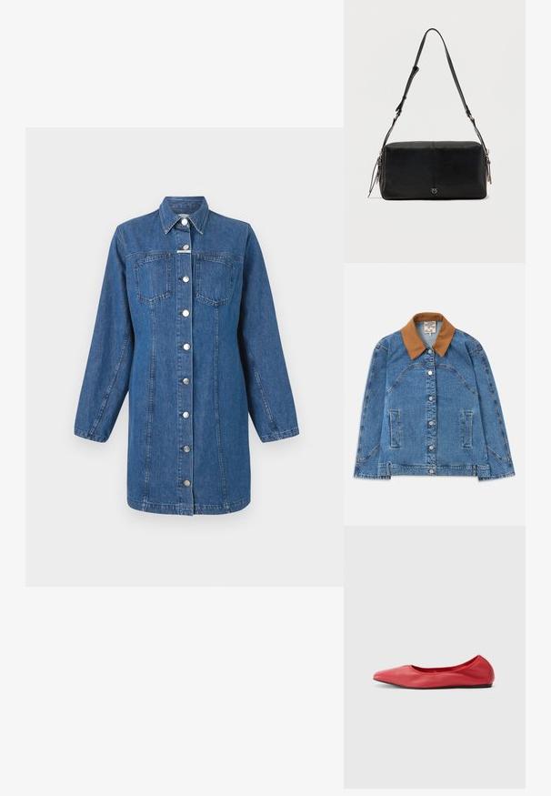 Denim jas met een bruine suède kraag, met zijzakken, een knoopsluiting en een licht losvallende pasvorm. Lichte blauwe denimstructuur.; CLOSED FITTED DRESS - Spijkerjurk - mid blue; Filippa K REY FLATS - Ballerina's - bright red; Zwarte leren rechthoekige schoudertas met verstelbare riem en klein metalen logo in het midden aan de voorkant tegen een effen achtergrond.