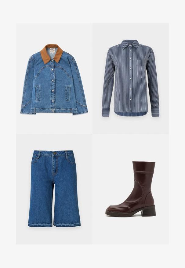 Denim jas met een bruine suède kraag, met zijzakken, een knoopsluiting en een licht losvallende pasvorm. Lichte blauwe denimstructuur.; Overhemd met knopen in marineblauw en witte strepen, lange mouwen, een enkele borstzak en een klassieke kraag, gemaakt van lichtgewicht stof.; Blauwe denim shorts met een rechte snit, voorzien van een tailleband, vijf zakken en subtiele stiksels langs de naden.; MIISTA MALENE - Lage laarzen - brown