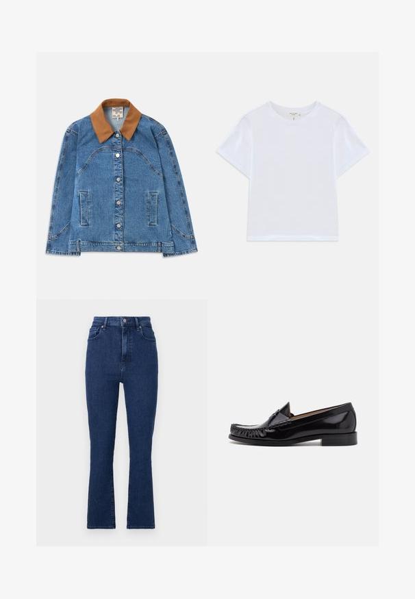 Jeansjacke mit einem braunen Wildlederkragen, seitlichen Taschen, Knopfleiste und einem leicht lockeren Schnitt. Hellblaue Denim-Struktur.; Weißes, kürzer geschnittenes T-Shirt aus weicher Baumwolle mit Rundhalsausschnitt und kurzen Ärmeln in einem leicht lässigen Schnitt. Keine Muster oder Akzente.; Dunkelblaue, hoch geschnittene Jeans aus Denimstoff mit geradem Bein, die vordere Taschen und einen Metallknopfverschluss aufweisen.; Schwarze Leder-Mokassins mit glänzender Oberfläche, ausgestattet mit Fransenverzierungen an der Vorderseite und einem niedrigen, gestapelten Absatz.