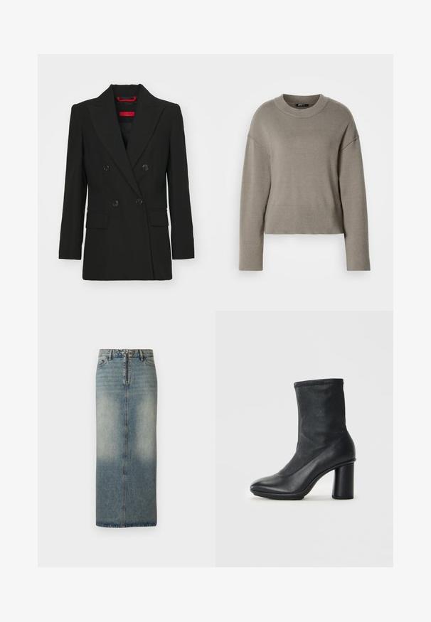 Sort dobbeltradet blazer med spidse klapkraver, to forlommer og knaplukninger. Glat tekstur, skræddersyet pasform, og rød mærkelabel synlig.; Lys grå cropped sweater med rund halsudskæring, dropskuldere og ribbede manchetter og kant. Blød tekstur, enkelt design.; Denim midi nederdel i lys blåt med en falmet finish. Har en frontlynlås og knaplukning, lige snit og minimale syninger.; Sort læderstøvle til midten af læggen med rund tå og en kraftig høj hæl, vist mod en ensfarvet lysegrå baggrund.