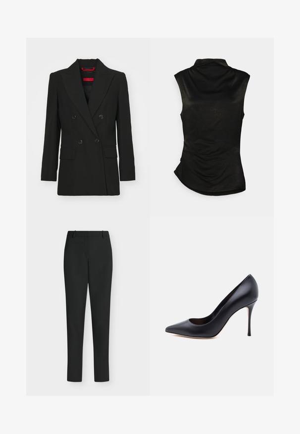 Blazer negro de doble botonadura con solapas en punta, dos bolsillos frontales y cierres a presión. Textura suave, corte entallado y etiqueta de marca roja visible.; Top negro sin mangas con un alto cuello, textura suave y dobladillo curvado. Presenta detalles fruncidos en el costado para un ajuste ceñido.; Pantalones negros de corte ajustado con trabillas para cinturón, cremallera frontal y piernas rectas, mostrados sobre un fondo blanco.; Zapato de salón de cuero negro con punta puntiaguda y tacón de aguja sobre un fondo claro liso.