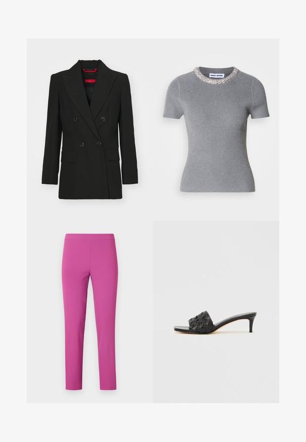 Zwarte dubbelzijdige blazer met piekflappen, twee voorzakken en knoopsluitingen. Gladde textuur, getailleerde pasvorm, en rood merkembleem zichtbaar.; Grijs ribbel T-shirt met korte mouwen en een ronde hals, versierd met zilveren en heldere strasstenen, met een aansluitende pasvorm en een gladde textuur.; Strakke, hoge taille broek in levendig roze, gemaakt van soepele, rekbare stof. Enkel lengte snit zonder zichtbare zakken of sluitingen.; Zwarte sandalen met hakken, met een geweven textuur op het bovenwerk, open teen ontwerp en een slanke hoge hak. Voorzien van een glad leren voetbed.