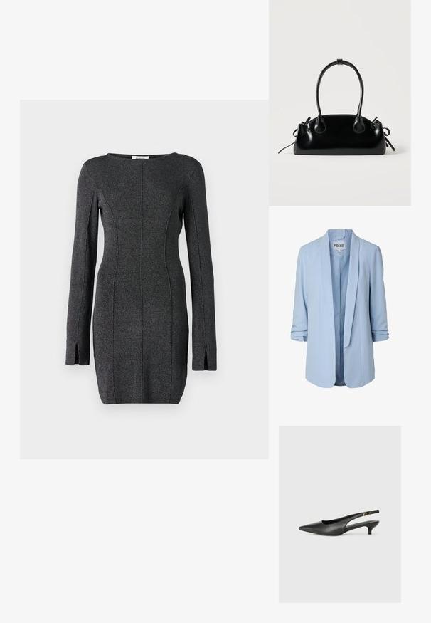 Blazer ligero azul claro para mujer con mangas remangadas y parte delantera abierta, con un cuello liso y forro interior.; Vestido de punto negro de manga larga, con aberturas laterales, un escote redondo y detalles de costura para una silueta ajustada.; Zapato de tacón slingback negro de punta afilada, hecho de cuero suave. Presenta un tacón delgado y un detalle de hebilla en la correa ajustable.; Pequeño bolso negro brillante con dos asas largas y detalles de cordón lateral sobre un fondo claro liso.