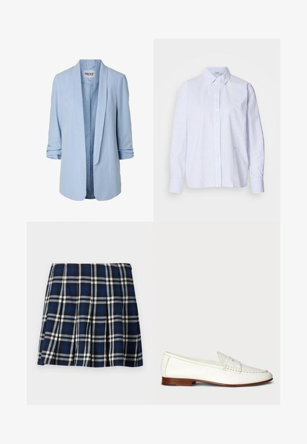 Veste blazer pour femme bleu clair avec manches retroussées et devant ouvert, dotée d'un col lisse et d'une doublure intérieure.; Chemise à rayures bleu clair et blanche à manches longues avec un col boutonné, présentant une coupe décontractée et une texture de tissu lisse.; Jupe mini à carreaux avec des couleurs marine, noire et blanche. Dotée de plis et d'une texture lisse. Fermeture éclair sur le côté.; Mocassins blancs en cuir avec une finition texturée, bout arrondi et accent tressé. Talon en bois bas et design minimaliste.