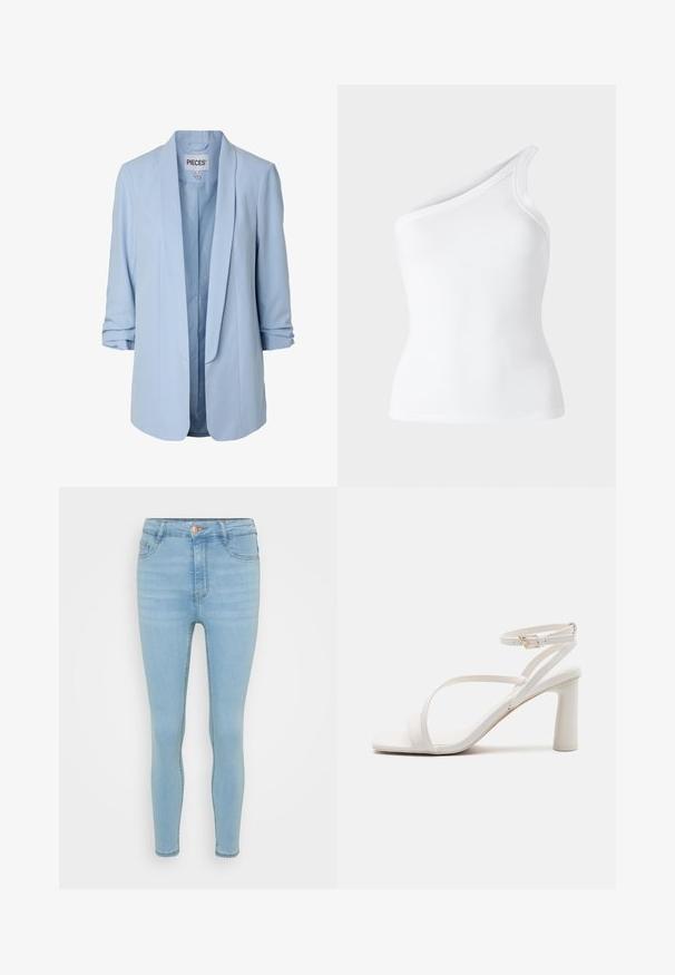 Blazer ligero azul claro para mujer con mangas remangadas y parte delantera abierta, con un cuello liso y forro interior.; Top sin mangas de canalé blanco con un diseño asimétrico de un solo hombro. Textura suave, silueta ajustada y bordes limpios.; Vaqueros skinny de denim azul claro con una cintura alta, que cuentan con un cierre frontal de botón y cremallera, cinco bolsillos y un ligero desgastado.; Sandalias de tacón alto blancas con tiras, punta cuadrada, correa ajustable en el tobillo y un tacón ancho. Textura suave similar al cuero.
