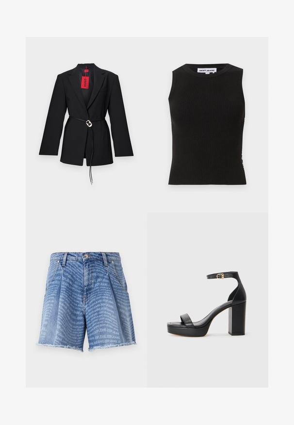 Sort blazer med en tætsiddende design, der har en bælte i taljen og sølvfarvet cirkulært hardware. Indeholdt en enkelt brystlomme og et rødt mærke.; Sort ribbet tanktop med rund halsudskæring, der har en tætsiddende pasform og subtil tekstur. Ribben strækker sig gennem hele stoffet.; Lysblå denimshorts med en falmet vask, der har et gentaget "JOOP! JEANS" print over det hele. Den frynsede kant tilføjer tekstur.; Sorte platform sandaler med en tykk blokhæl, glat lædermateriale, åbent tådesign og en ankelrem med en guldspænde detalje.