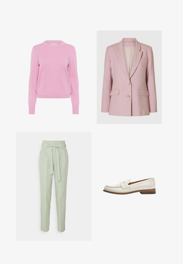Selected BLAZER CLASSIC FIT - Blazer - bleached mauve; Suéter de punto rosa claro con cuello redondo, mangas largas y puños y bajo acanalados. Presenta una textura suave y un corte clásico.; ONLY Tall ONLSURI ELLY LIFE PANT - Pantalones - desert sage; Mocasines de cuero blanco con un bajo tacón de madera apilada, que presentan un diseño de mocasín cosido y una solapa frontal doblada.