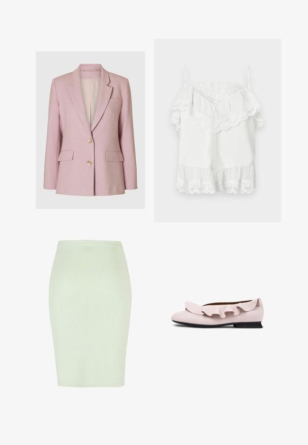 Selected Classic Fit - Blazer - bleached mauve; Haut blanc sans manches et épaules dénudées avec bordure en dentelle le long de l'encolure, des manches et de l'ourlet, doté de bretelles fines ajustables.; Jupe crayon en tricot de couleur vert menthe clair avec une texture à côtes verticales, forme ajustée et ceinture lisse. Idéale pour une tenue décontractée ou formelle.; Ballerine plate en cuir rose clair avec un accent froncé le long du dessus, bout arrondi et petit talon noir. Texture lisse et design simple.