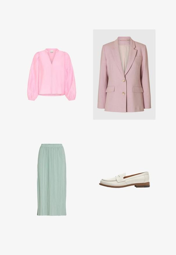 Selected BLAZER CLASSIC FIT - Blazer - bleached mauve; Lyserød bluse med lange, puffede ærmer og V-halsudskæring. Lavet af letvægtsstof med en glat tekstur og en løs pasform.; Lysegrøn plisseret midinederdel med elastisk talje, lige pasform og let stof.; Hvide læder loafers med en lav, stablet træhælhæl, der har et syet mokkasin-design og en sammenfoldet frontklap.