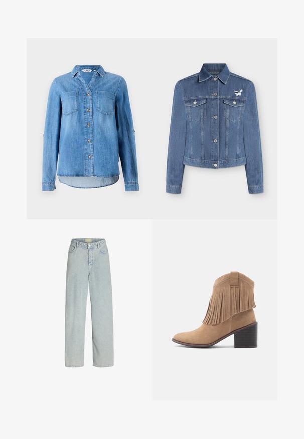 Blå denimjakke med sølvknapper, to brystlommer, lange ærmer og et lille hvidt og sort rævemærke på venstre bryst.; Lys blå denimskjorte med knaplukning foran, to brystlommer og ærmer som kan rulles op med knapdetaljer.; Lyseblå denim brede bukser med høj talje, frontlommer og knaplukning. Stof i en blød, let tekstureret udseende.; Beige ruskinds-ankelstøvle med rundet tå og frynset overdel. Har en mellemhøj blokhæl og et robust design med en løkke detalje bagpå.