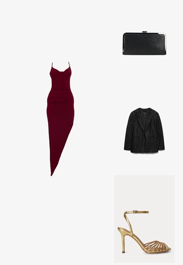 Schwarzer Spitzenblazer mit einer Zwei-Knopf-Front, Reverskragen und zwei Vordertaschen, aus strukturiertem Stoff und glattem Innenfutter.; Burgunderrotes, figurbetontes Kleid mit Spaghettiträgern, seitlichem Schlitz und gerafften Details an der Taille, aus elastischem Stoff.; Goldene High-Heel-Sandale mit dünnen Riemen, offenem Zehenbereich und verstellbarem Knöchelriemen mit kleiner Schließe.; Schwarze, strukturierte rechteckige Clutch-Tasche mit silbernem Metallrahmen und Schnappverschluss auf weißem Hintergrund.