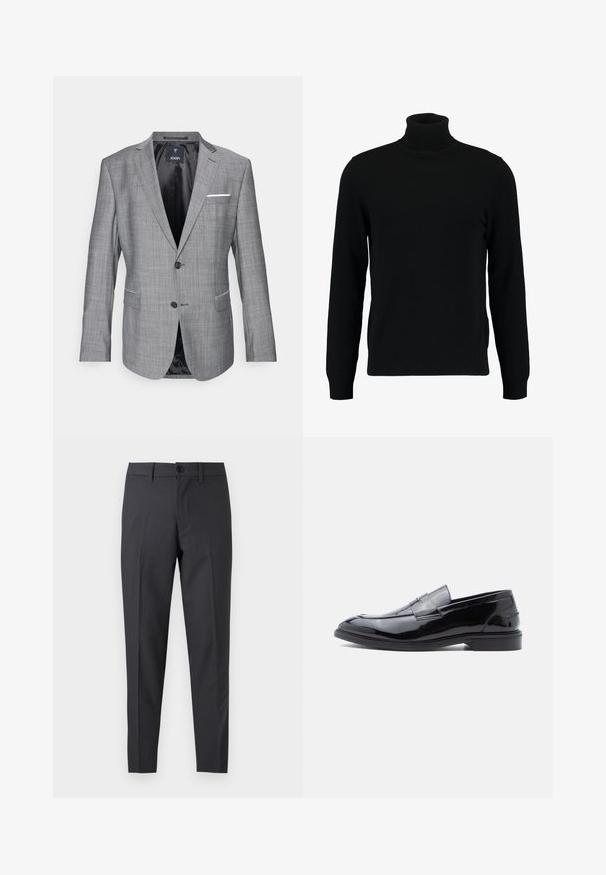 Blazer gris con un acabado texturizado, cierre de un botón y dos bolsillos delanteros. Presenta un acento de pañuelo blanco en el bolsillo y forro negro.; Jersey de cuello alto negro hecho de un material de punto suave. Cuenta con mangas largas, collar y dobladillo acanalados. Diseño simple y elegante sin patrones.; Pantalones de vestir ajustados de color gris oscuro con botón delantero y presillas para cinturón, mostrados planos sobre un fondo blanco.; Mocasines de charol negro con acabado liso, punta redondeada y detalle decorativo de correa, con perfil bajo y suela de goma.