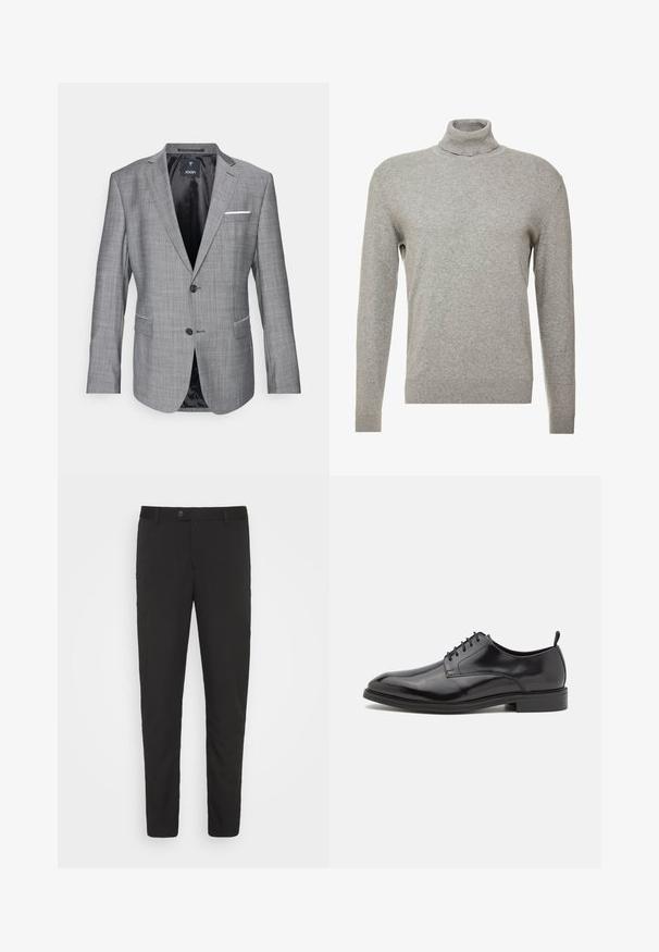 Blazer gris avec une finition texturée, fermeture à un bouton, et deux poches avant. Présente un accent de pochette blanche et une doublure noire.; Pull over gris avec un col haut et des manches longues. Fabriqué à partir d'un matériau lisse et doux, il possède une coupe ajustée et des accents côtelés au niveau de l'ourlet.; Pantalons noirs taillés avec une coupe droite, poches avant et fermeture à bouton. Fabriqués en tissu lisse avec un léger éclat.; Chaussure habillée en cuir noir avec une finition lisse, un bout rond et un design à lacets. Comprend une semelle en caoutchouc noir de profil bas et un petit talon.