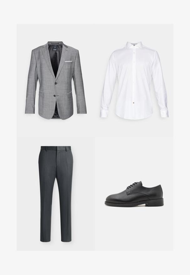 Grauer Blazer mit strukturierter Oberfläche, einreihigem Knopfverschluss und zwei Fronttaschen. Mit einem weißen Pocket Square Akzent und schwarzer Innenausstattung.; Weißes Hemd mit langen Ärmeln aus glattem Stoff, ausgestattet mit einem klassischen Kragen, Knopfverschluss und abgerundetem Saum mit einem kleinen Akzentknopf.; Dunkelgraue formelle Hose mit Gürtelschlaufen und Bügelfalten, auf einem schlichten hellen Hintergrund gezeigt.; Schwarze Leder-Oxfordschuhe mit runder Zehenform, glatter Oberfläche, fünf Ösen für die Schnürung und niedrigem, gestapeltem Absatz.