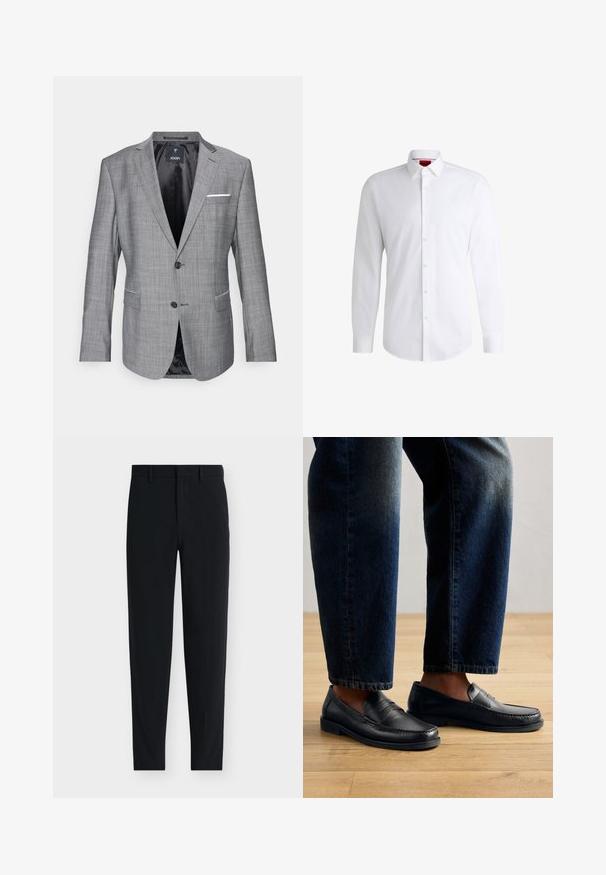 Grijze blazer met een gestructureerde afwerking, enkele knoopsluiting en twee voorkruiszakken. Kenmerkt zich door een witte pochette accent en zwarte voering.; Witte overhemden van soepel materiaal met een klassieke kraag, lange mouwen en een afgeronde zoom. Voorzien van beige knopen aan de voorkant.; Zwarte op maat gemaakte slim-fit broek met riemlussen en een verborgen voorvaksluiting, getoond op een witte achtergrond.; Zwarte leren instappers met gestikte details en textuurelementen, gedragen met donkerdenim, die een casual en gestroomlijnd ontwerp tonen.