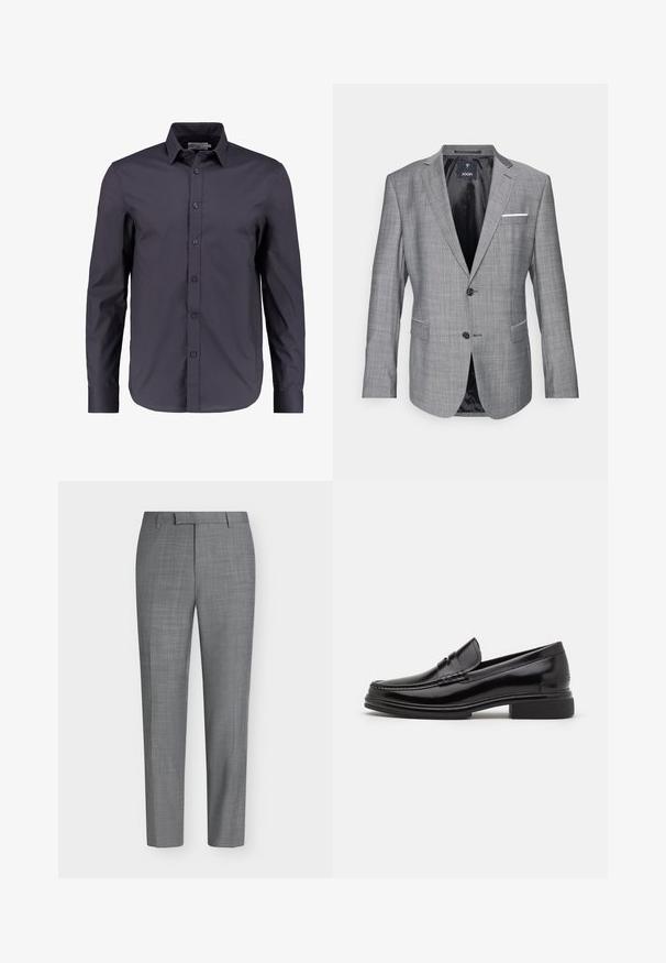 Blazer gris avec une finition texturée, fermeture à un bouton, et deux poches avant. Présente un accent de pochette blanche et une doublure noire.; Chemise à manches longues bleu marine foncé en coton doux, dotée d'un devant boutonné, d'un col classique et d'une coupe ajustée.; Pantalon habillé gris slim fit avec un motif à carreaux subtil, passants de ceinture et une coupe plate à l'avant sur fond blanc uni.; Mocassins en cuir noir avec un embout arrondi, présentant un détail cousu sur le dessus, et un petit talon carré. Texture lisse et finition brillante.
