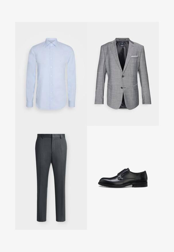 Grauer Blazer mit strukturierter Oberfläche, einreihigem Knopfverschluss und zwei Fronttaschen. Mit einem weißen Pocket Square Akzent und schwarzer Innenausstattung.; Helles blaues Langarmshirt aus glattem Baumwollmaterial, ausgestattet mit einem klassischen Kragen, einer Knopfverschluss und dezentem Branding auf der Brust.; Dunkelgraue formelle Hose mit Gürtelschlaufen und Bügelfalten, auf einem schlichten hellen Hintergrund gezeigt.; Schwarzer polierter Herrenschuh aus Leder mit geschlossenem Schnürsystem, niedrigem Absatz und dezentem Marken-Detail nahe der Ferse auf weißem Hintergrund.