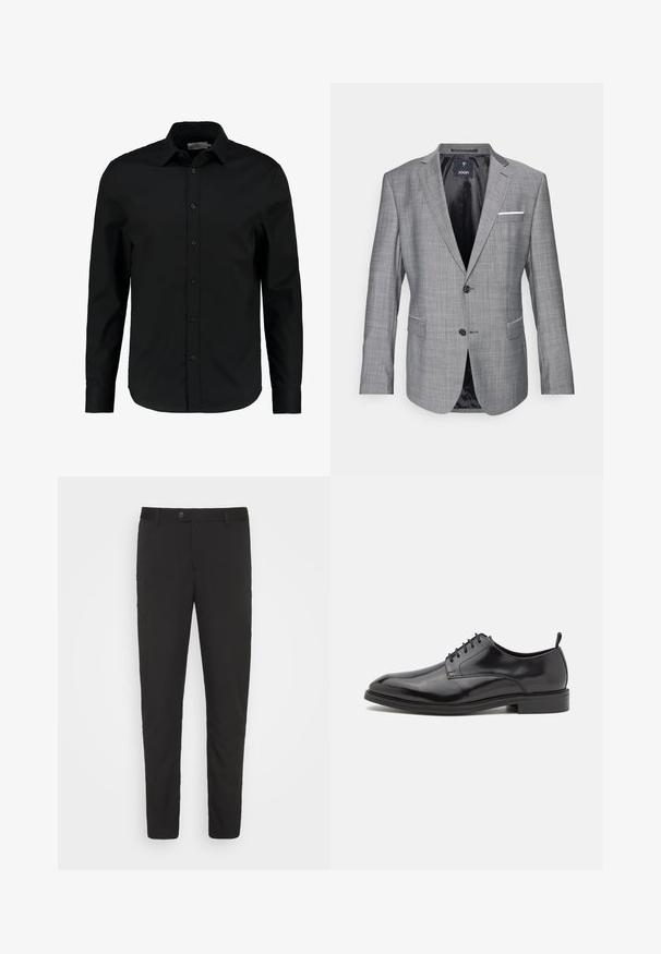 Grå blazer med en tekstureret overflade, enkelt knaplukning og to frontlommer. Har et hvidt lommetørklæde som accent og sort foret.; Sort langærmet skjorte lavet af glat stof, har en knaplukning foran, spidse kraver og en skræddersyet pasform med en buet kant.; Sorte, skræddersyede bukser med lige ben-design, forlommer og knaplukning. Fremstillet af et glat stof med en let glans.; Sorte lædersko med en glat overflade, rund tå og snørebåndsdesign. Har en lavprofil sort gummisål og en lille hæl.