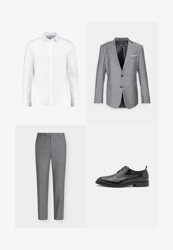 Blazer gris avec une finition texturée, fermeture à un bouton, et deux poches avant. Présente un accent de pochette blanche et une doublure noire.; Chemise blanche à manches longues à boutons, fabriquée en coton lisse. Dotée d'un col classique et d'une fermeture à boutons à l'avant avec un ourlet droit.; Pantalon habillé gris slim fit avec un motif à carreaux subtil, passants de ceinture et une coupe plate à l'avant sur fond blanc uni.; Chaussure habillée en cuir noir avec une finition lisse, un bout rond et un design à lacets. Comprend une semelle en caoutchouc noir de profil bas et un petit talon.