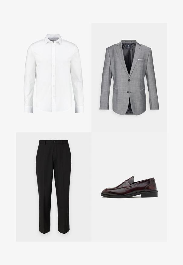 Blazer gris avec une finition texturée, fermeture à un bouton, et deux poches avant. Présente un accent de pochette blanche et une doublure noire.; Chemise blanche à manches longues à boutons, fabriquée en coton lisse. Dotée d'un col classique et d'une fermeture à boutons à l'avant avec un ourlet droit.; Pantalon noir en tissu lisse, présentant une coupe droite, des poches avant, un bouton simple de fermeture et sans motifs visibles.; Mocassins en cuir bordeaux avec une finition lisse, un accent rectangulaire à l'avant et une pointe arrondie, dotés d'une semelle en caoutchouc noir.