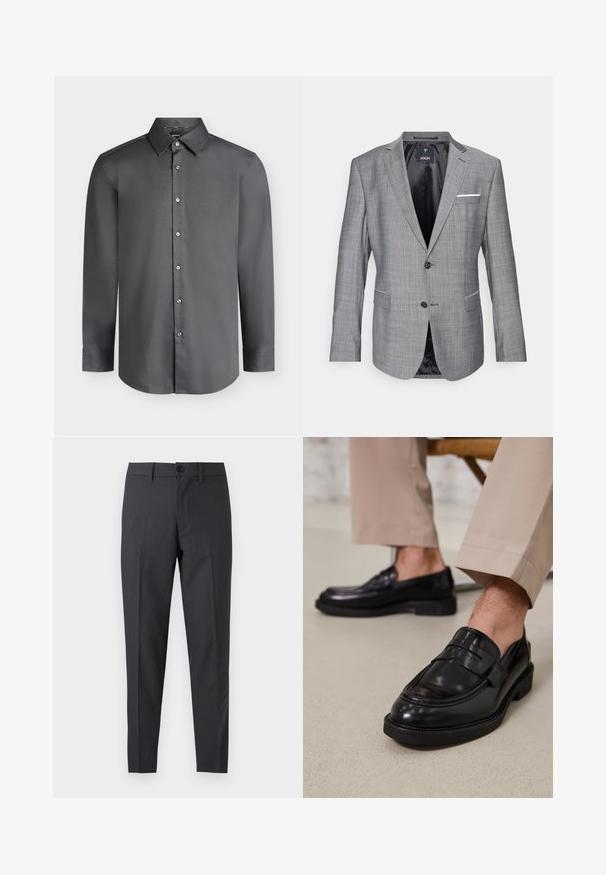 Blazer gris con un acabado texturizado, cierre de un botón y dos bolsillos delanteros. Presenta un acento de pañuelo blanco en el bolsillo y forro negro.; Camisa de vestir para hombre de manga larga en gris oscuro con cuello puntiagudo y botones delanteros, mostrada sobre un fondo gris claro.; Pantalones de vestir ajustados de color gris oscuro con botón delantero y presillas para cinturón, mostrados planos sobre un fondo blanco.; Mocasines de cuero negro con un acabado suave, que cuentan con una correa decorativa y costuras en contraste, combinados con pantalones beiges.