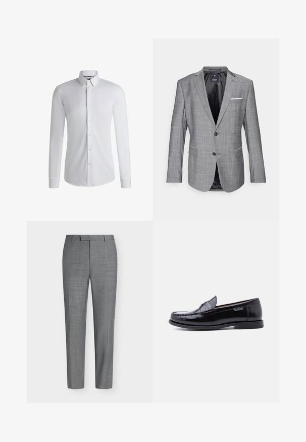 Blazer gris avec une finition texturée, fermeture à un bouton, et deux poches avant. Présente un accent de pochette blanche et une doublure noire.; Chemise blanche à manches longues en tissu lisse, dotée d'un col boutonné et d'une rangée de boutons sur le devant. Design uni.; Pantalon habillé gris slim fit avec un motif à carreaux subtil, passants de ceinture et une coupe plate à l'avant sur fond blanc uni.; Mocassins en cuir noir avec une finition brillante, présentant un motif cousu sur l'avant-pied et une semelle en caoutchouc noire texturée et basse.