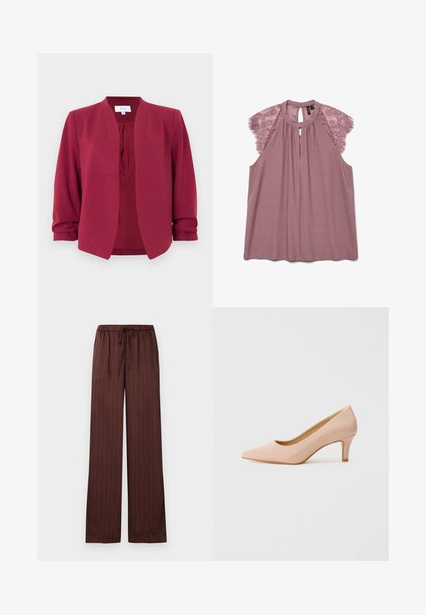 Bordeauxrode, lichtgewicht blazer van gladde stof, met een mandarin kraag, open voorkant en 3/4 mouwen met opgerolde manchetten.; Paarse blouse met kantaccenten op de schouders, ronde halslijn en een keyhole-opening aan de achterkant. Gemaakt van zachte, gladde stof met een losse pasvorm.; Bruine broek met wijde pijpen, dunne zwarte verticale strepen en een elastische tailleband met een vetersluiting aan de voorkant.; Puntige, gepatenteerde roze hoge hak met een lage hak, met een gladde, glanzende afwerking en een subtiele open V-vormige snit aan de voorkant.