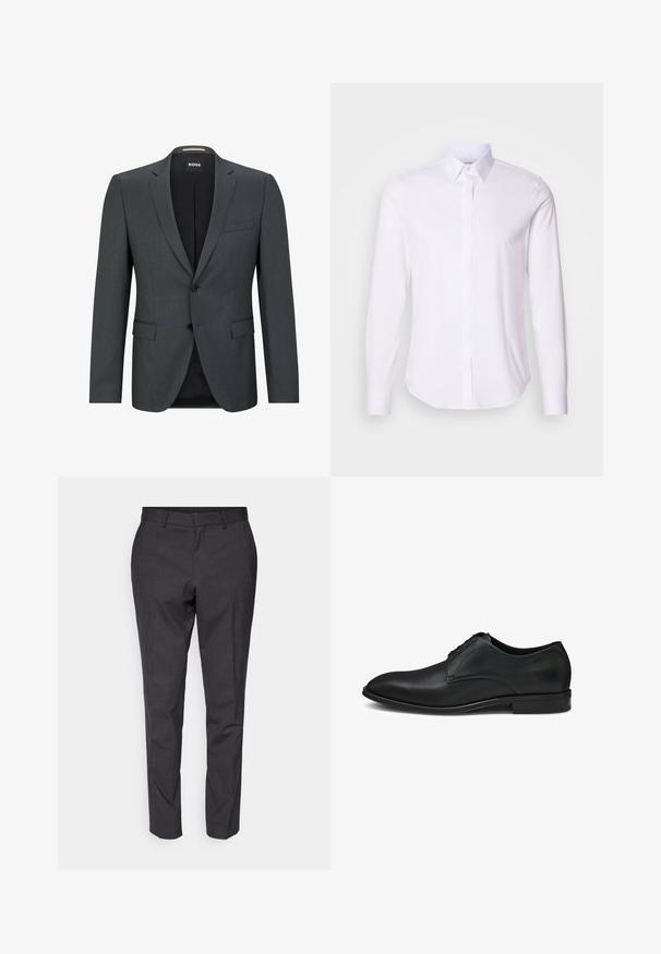 BOSS H-REYMOND-B1 - Veste de costume - dark grey one; Chemise blanche à manches longues avec col classique, devant boutonné et texture lisse. Dotée d'un ourlet incurvé et de poignets à un bouton.; Pantalons gris ajustés avec une texture lisse, coupe slim et jambes fuselées, dotés d'un devant plat et de passants de ceinture pour plus de détail.; Chaussure habillée en cuir noir avec une finition lisse, un bout arrondi et un laçage à cinq oeillets, agrémenté de subtils accents de couture.