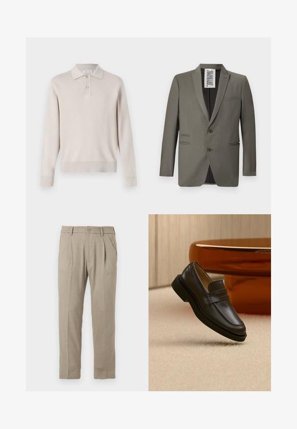 Grå blazer med skræddersyet pasform, to knapper, stiklapeller og sidelommer; glat tekstur med en subtil glans.; Lys beige langærmet polo skjorte lavet af blødt materiale. Har krave, tre-knaps lukning og ribbede manchetter og kant.; Beige skræddersyede bukser med flad front, to læg og knaplukning. Lavet af et glat, letvægtsmateriale med lige ben.; Sort læderloafer, der svæver over et beige tæppe med brunt afrundet møbel i baggrunden.