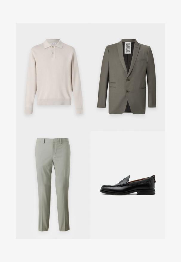 Grå blazer med skræddersyet pasform, to knapper, stiklapeller og sidelommer; glat tekstur med en subtil glans.; Lys beige langærmet polo skjorte lavet af blødt materiale. Har krave, tre-knaps lukning og ribbede manchetter og kant.; Lys grå bukser med skræddersyet pasform, der har glat stof, lige ben og en ensfarvet talje uden synlig hardware.; Sort læder herre loafer med moc-tå syning, penny strop, struktureret krave og lav stablet hæl på hvid baggrund.