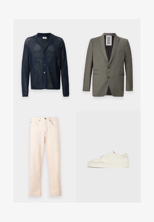 Grå blazer med skræddersyet pasform, to knapper, stiklapeller og sidelommer; glat tekstur med en subtil glans.; Marineblå, strikket cardigan i mesh med krave, frontknapper og lange ærmer, der har en let og åndbar tekstur.; Beige jeans med rette ben, fem lommer, knaplukning og kontrastsyning på en ensfarvet lys baggrund.; Hvide ruskinds-sneakers med en glat finish, rund tå, fladt snøresystem og kontrasterende teksturerede detaljer. Indeholder et diskret logo.