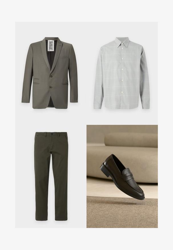 Grå blazer med skræddersyet pasform, to knapper, stiklapeller og sidelommer; glat tekstur med en subtil glans.; Grå langærmet skjorte med et let ternet mønster, knap-Front design, spids krave og glat stoftekstur.; Olivengrønne, lige ben bukser lavet af en blanding af bomuldsstof. Har en lynlås foran, bæltesløjfer og to sidelommer. Glat tekstur.; Sort læder loafer sko, der hviler på et beige tæppe med en buet beige sofa i baggrunden.