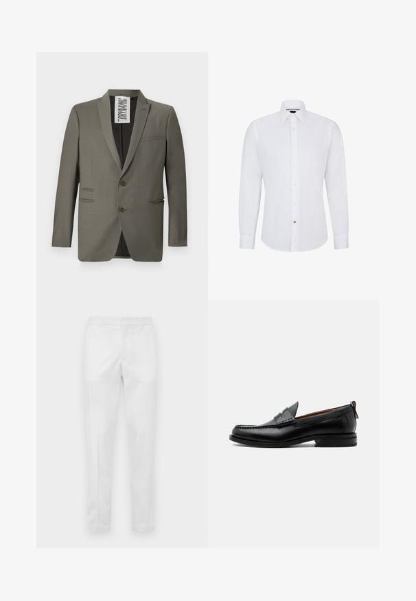 Blazer gris con un corte entallado, dos botones, solapas de muesca y bolsillos laterales; textura suave con un brillo sutil.; Camisa de dress blanca de manga larga con cuello abotonado, que presenta una fila de pequeños botones y un único botón de contraste como acento.; Pantalones ajustados blancos con passantes para cinturón, cierre de cremallera frontal y bolsillos laterales, exhibidos planos sobre un fondo neutro.; Mocasín de hombre de piel negra con costura moc toe, tira penny, cuello texturizado y tacón bajo apilado sobre fondo blanco.