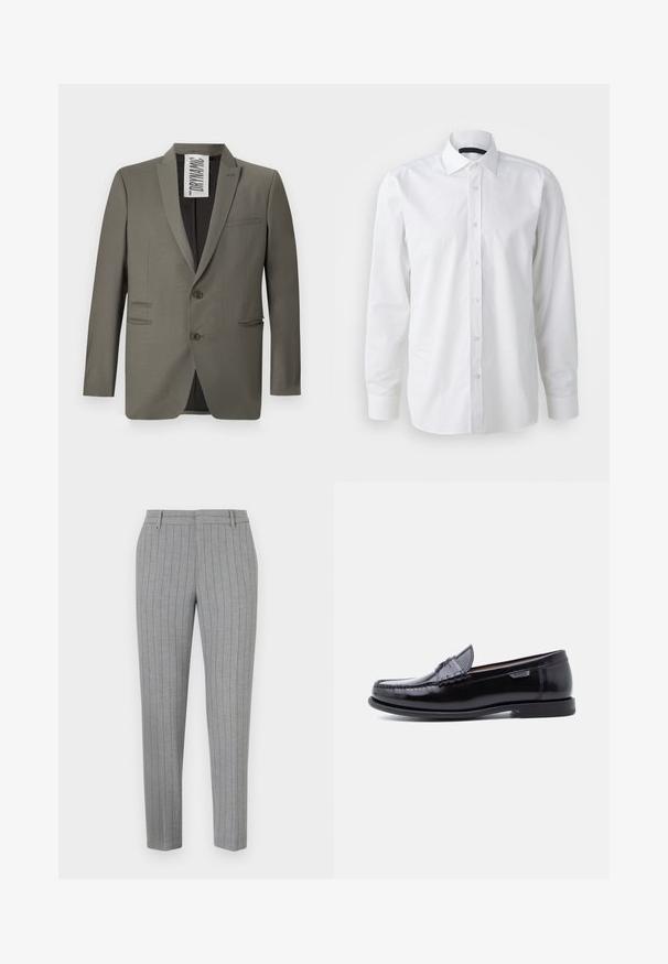 Grijze blazer met een getailleerde pasvorm, twee knopen, notch-revers en zijzakken; gladde textuur met een subtiele glans.; Wit langemouwen overhemd van katoen. Voorzien van een klassieke kraag, knoopsluiting aan de voorkant en een gladde textuur met een subtiele glans.; Grijze pantalon met krijtstreep, een elegante pasvorm, een vlak voorkant en zijzakken. Gemaakt van een gladde stof met een subtiele glans.; Zwarte leren loafers met een glanzende afwerking, voorzien van een gestikt ontwerp op de neus en een lage, zwarte rubberen zool met structuur.