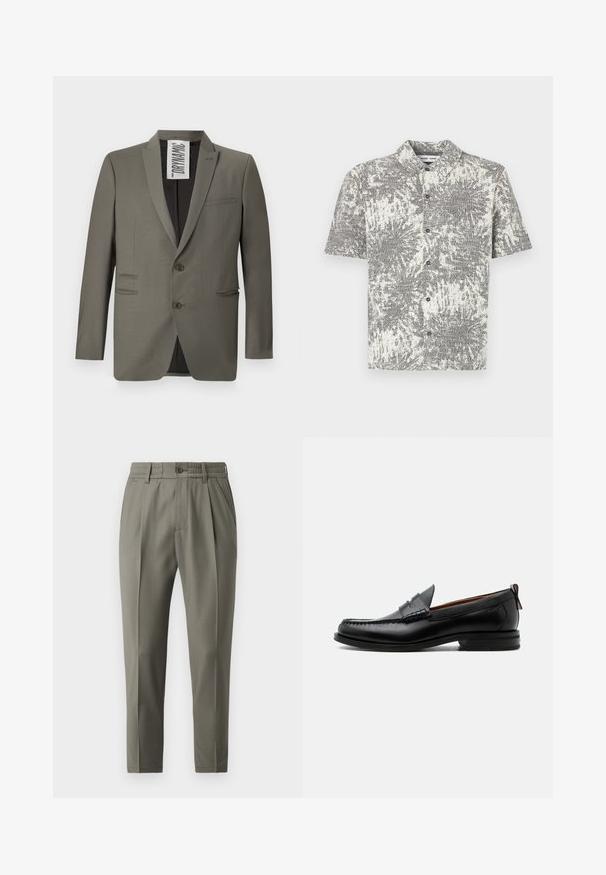Grå blazer med skræddersyet pasform, to knapper, stiklapeller og sidelommer; glat tekstur med en subtil glans.; Kortærmet skjorte med knapper foran i sort og hvidt abstrakt mønster. Har krave og frontknapper, lavet af let stof.; Beige skræddersyede bukser med lige ben, der har en knaplukning, folder foran og en elastisk talje for komfort.; Sort læder herre loafer med moc-tå syning, penny strop, struktureret krave og lav stablet hæl på hvid baggrund.
