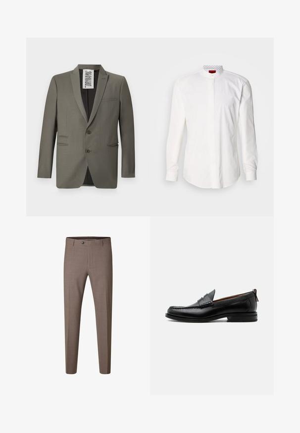 Blazer gris con un corte entallado, dos botones, solapas de muesca y bolsillos laterales; textura suave con un brillo sutil.; Camisa blanca de manga larga con cuello alto, confeccionada en algodón. Presenta una tapeta frontal, diseño minimalista y una sutil marca en el interior del cuello.; Pantalones formales marrones de corte ajustado con botón y trabillas, mostrados sobre un fondo blanco.; Mocasín de hombre de piel negra con costura moc toe, tira penny, cuello texturizado y tacón bajo apilado sobre fondo blanco.