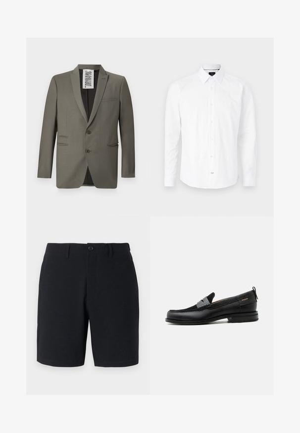 Blazer gris con un corte entallado, dos botones, solapas de muesca y bolsillos laterales; textura suave con un brillo sutil.; Camisa blanca de manga larga hecha de algodón. Presenta un cuello tipo button-down, cierre frontal con botones rosas y dobladillo curvado.; Pantalones cortos negros con un tejido texturizado, cierre de botón, presillas para cinturón y bolsillos laterales; corte ajustado con dobladillos limpios y cosidos.; Mocasín de cuero negro con detalle de tira gris, tacón bajo y suela texturizada, con la marca "HUGO" en oro en el lateral.