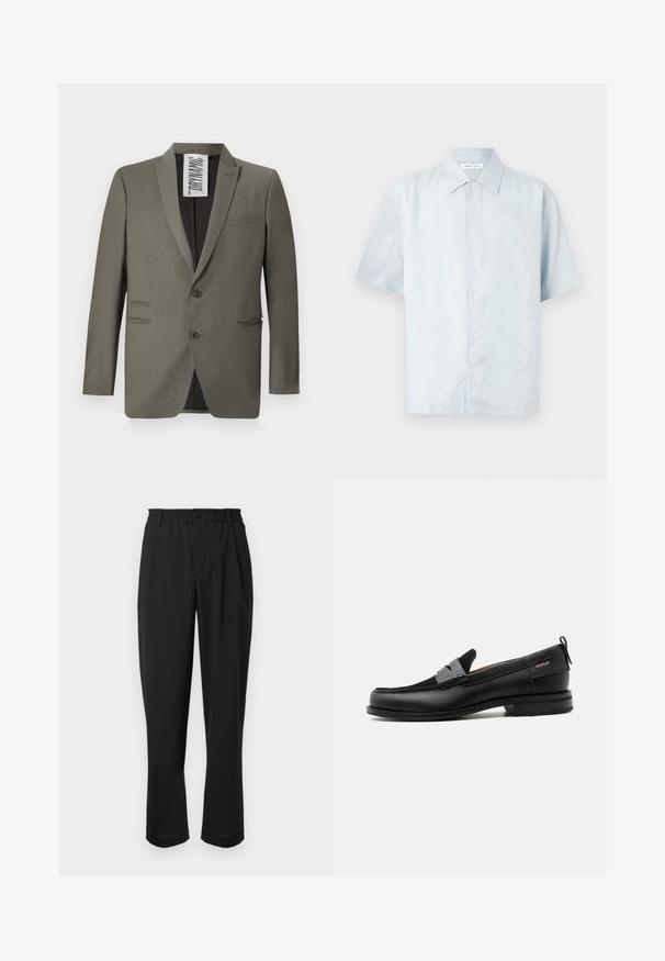 Grå blazer med skræddersyet pasform, to knapper, stiklapeller og sidelommer; glat tekstur med en subtil glans.; Lyseblå kortærmet skjorte med et subtilt bladmønster, knaplukning foran og en klassisk krave lavet af et glat, tekstureret stof.; Sorte bukser med elastisk liv, knaplukning og lige ben-design. Glat stof, ingen synlige mønstre eller accenter.; Sort læderloafer med grå remdetalje, lav hæl og tekstureret sål, mærket med "HUGO" i guld på siden.