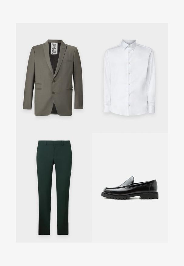 Blazer gris con un corte entallado, dos botones, solapas de muesca y bolsillos laterales; textura suave con un brillo sutil.; Camisa blanca de manga larga hecha de tela suave, con un cuello clásico, tapeta de botones y puños con botones, presentada sobre un fondo liso.; Pantalones de color verde oscuro con un diseño de pierna recta, hechos de una tela suave. Presentan un frente plano y una cinturilla estándar con trabillas para cinturón.; Mocasín de cuero negro con suela de goma gruesa, empeine cosido y nombre de la marca en relieve en el talón, mostrado en perfil lateral sobre fondo blanco.