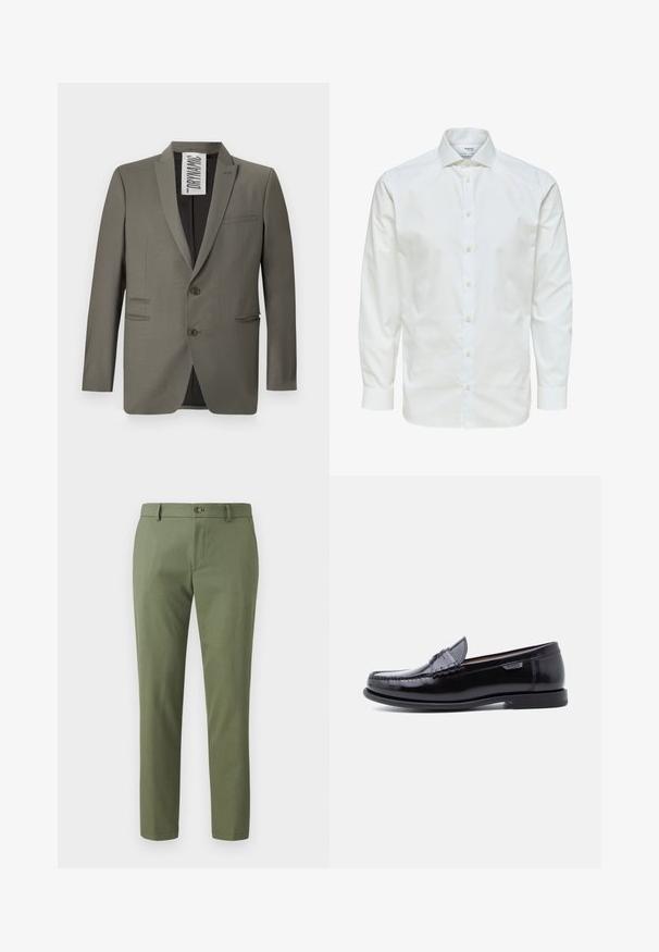 Grijze blazer met een getailleerde pasvorm, twee knopen, notch-revers en zijzakken; gladde textuur met een subtiele glans.; Wit overhemd met lange mouwen, knoopsluiting aan de voorkant en puntige kraag, afgebeeld tegen een witte achtergrond.; Groene broek van textuurstof, met een slim fit, rechte pijpen en een sluiting met een knoop aan de voorkant. Geschikt voor casual of formele kleding.; Zwarte leren loafers met een glanzende afwerking, voorzien van een gestikt ontwerp op de neus en een lage, zwarte rubberen zool met structuur.