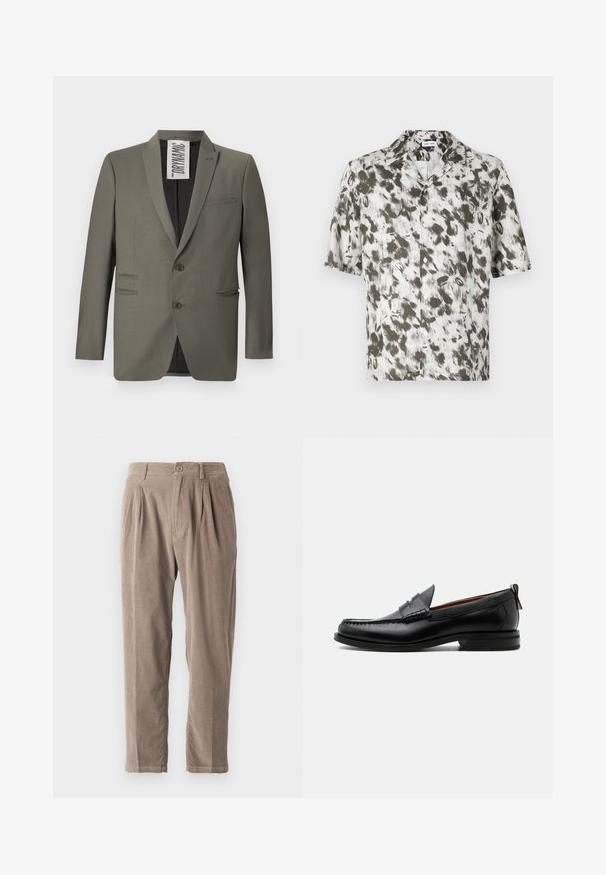 Grå blazer med skræddersyet pasform, to knapper, stiklapeller og sidelommer; glat tekstur med en subtil glans.; Kortærmet skjorte med knapper i let stof, med en hvid bund og et abstrakt mønster i sort og grå samt en revet krave.; Beige corduroy bukser med en afslappet pasform, der har plisseringer, knaplukning og sidelommer, tekstureret overflade og tapered bendesign.; Sort læder herre loafer med moc-tå syning, penny strop, struktureret krave og lav stablet hæl på hvid baggrund.
