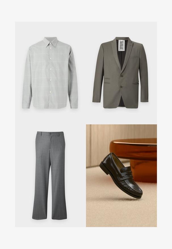 Grijze blazer met een getailleerde pasvorm, twee knopen, notch-revers en zijzakken; gladde textuur met een subtiele glans.; Grijze lange mouwen shirt met een licht geruit patroon, knopen aan de voorkant, puntige kraag en een gladde stofstructuur.; Grijze pinstripe broeken met een ontspannen pasvorm, voorzien van een knoopsluiting, riemlussen en subtiele lichtblauwe strepen verspreid over de stof.; Glanzende zwarte leren loafer met een banddetail, geplaatst op een beige tapijt naast een ronde bruine salontafel in een zacht verlichte kamer.