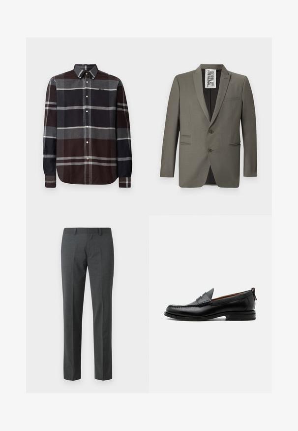 Grau blazer mit einer taillierten Passform, zwei Knöpfen, Reverskragen und seitlichen Taschen; glatte Textur mit einem dezenten Glanz.; Barbour ICELOCH TAILORED TARTAN - Hemd - midnight oak; Dunkelgraue Anzughose aus einem glatten Stoff. Sie hat gerade Beine, eine flache Vorderseite und Gürtelschlaufen. Keine sichtbaren Muster oder Akzente.; Schwarzer Leder-Herrenschuh mit Mokassinnaht, Penny-Riemen, strukturiertem Kragen und niedrigem gestapeltem Absatz auf weißem Hintergrund.
