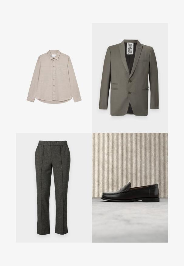 Blazer gris con un corte entallado, dos botones, solapas de muesca y bolsillos laterales; textura suave con un brillo sutil.; Camisa de manga larga a cuadros en tonos marrones y beiges, con un cuello abotonado, bolsillo frontal y botones marrones, presentando un dobladillo curvado.; Pantalones grises a medida con una tela texturizada, que cuentan con una cintura elástica, piernas rectas y detalles de pliegues en la parte delantera.; Mocasín penny de cuero negro con tacón bajo, punta redondeada y detalles cosidos en la parte delantera y los laterales, mostrado sobre un fondo neutro.