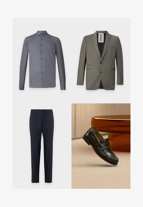 Blazer gris avec une coupe ajustée, deux boutons, revers crantés et poches latérales ; texture lisse avec un léger éclat.; Chemise à manches longues de couleur bleu marine foncé avec un motif floral blanc répété. Dotée d'un col pointu et de boutons sur le devant. Texture de tissu lisse.; DRYKORN AJEND - Chino - blue; Mocassin en cuir noir brillant avec un détail de bride, posé sur un tapis beige près d'une table basse ronde en bois brun dans une pièce doucement éclairée.