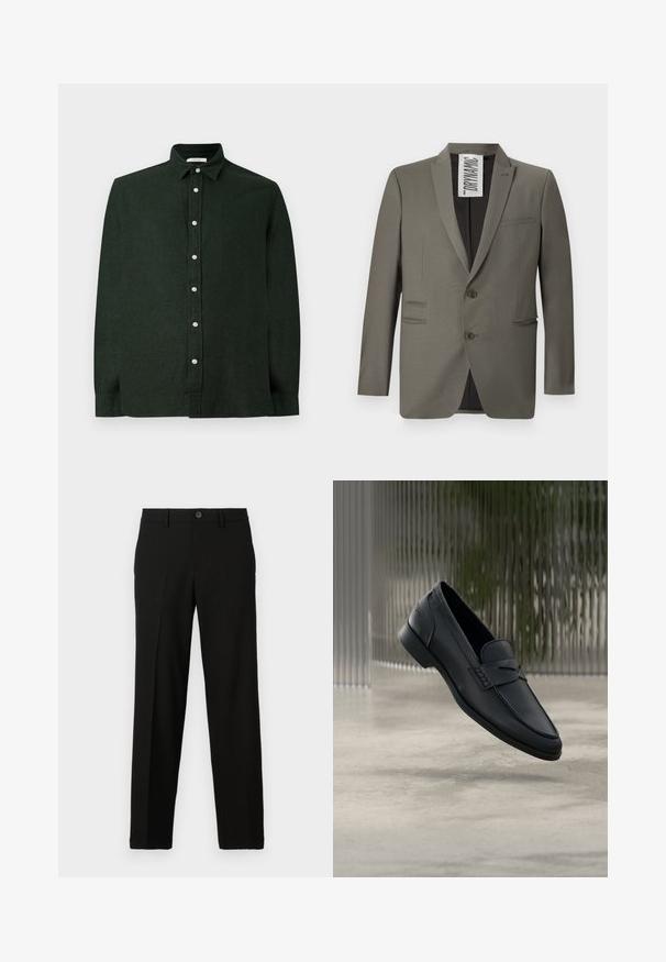 Grå blazer med skræddersyet pasform, to knapper, stiklapeller og sidelommer; glat tekstur med en subtil glans.; Mørkegrøn langærmet skjorte lavet af struktureret stof, med en knaplukning fortil og en klassisk krave. Ensfarvet design uden mønstre.; Sorte bukser lavet af glat stof, med lige snit, knaplukning i taljen, og uden synlige mønstre eller accenter.; Sort læderloafer med glat finish, spids tå og sømdetaljer over vristen. Lav hæl og minimalistisk design.