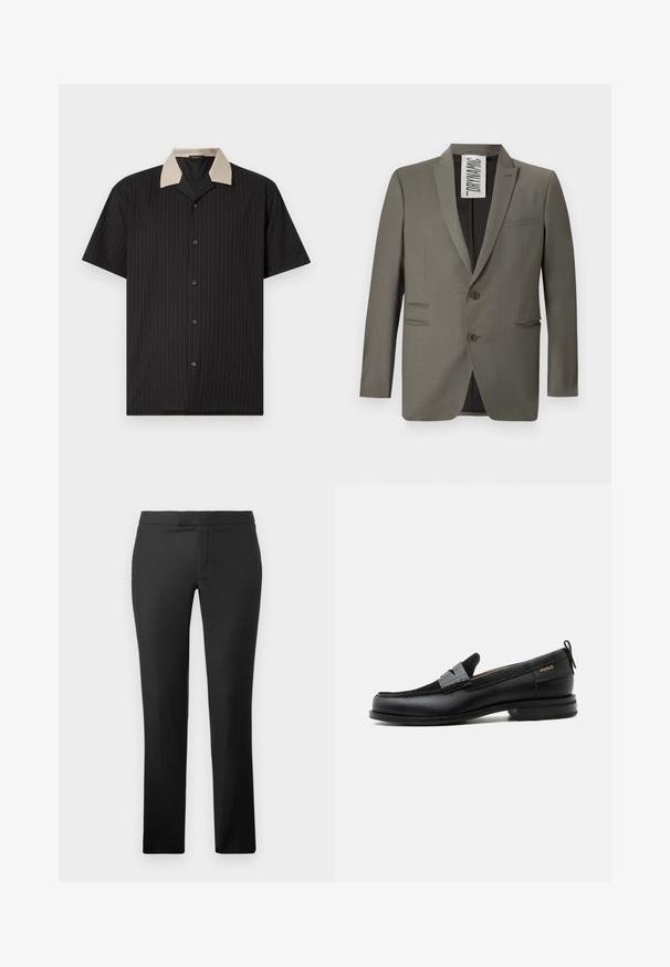 Blazer gris avec une coupe ajustée, deux boutons, revers crantés et poches latérales ; texture lisse avec un léger éclat.; Chemise à manches courtes noire avec des rayures verticales, dotée d'un col beige et de boutons sur le devant. Fabriquée en tissu léger avec une texture lisse.; Pantalons droits noirs en tissu lisse, dotés d'un devant plat, sans poches visibles et d'un design de taille épuré.; Mocassin en cuir noir avec détail de bride grise, talon bas et semelle texturée, marqué "HUGO" en or sur le côté.